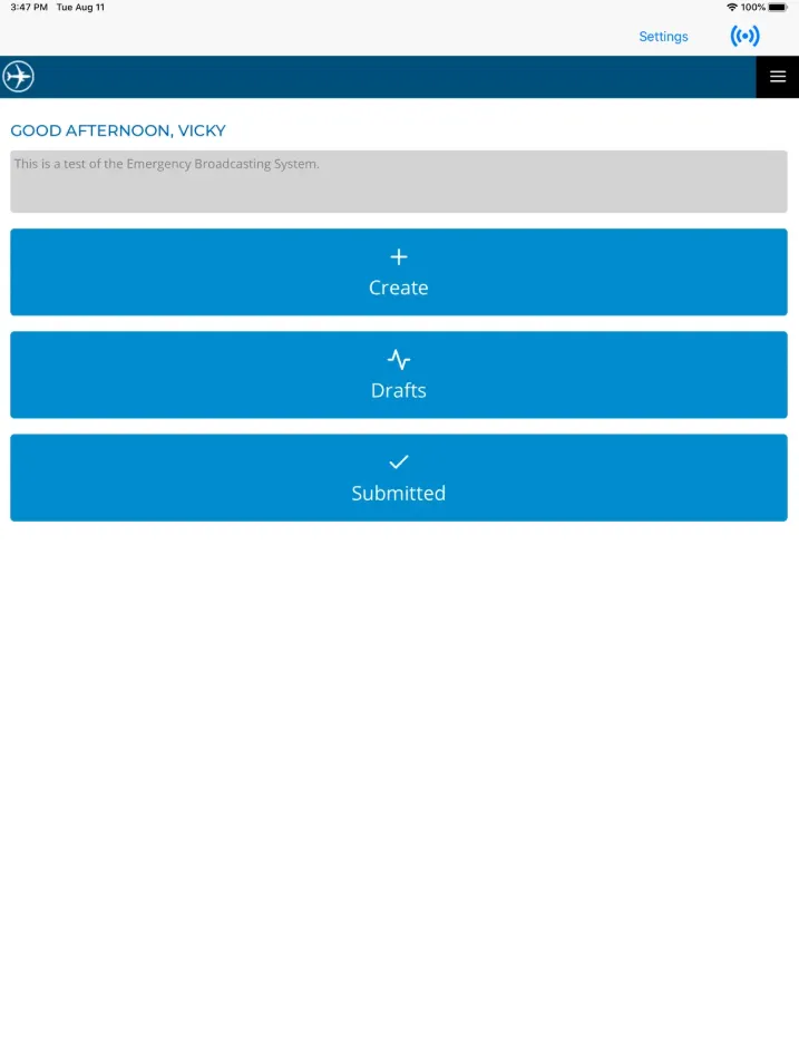 Legacy reporting home on a tablet: a greeting, a notice banner, and three full-width buttons — Create, Drafts and Submitted