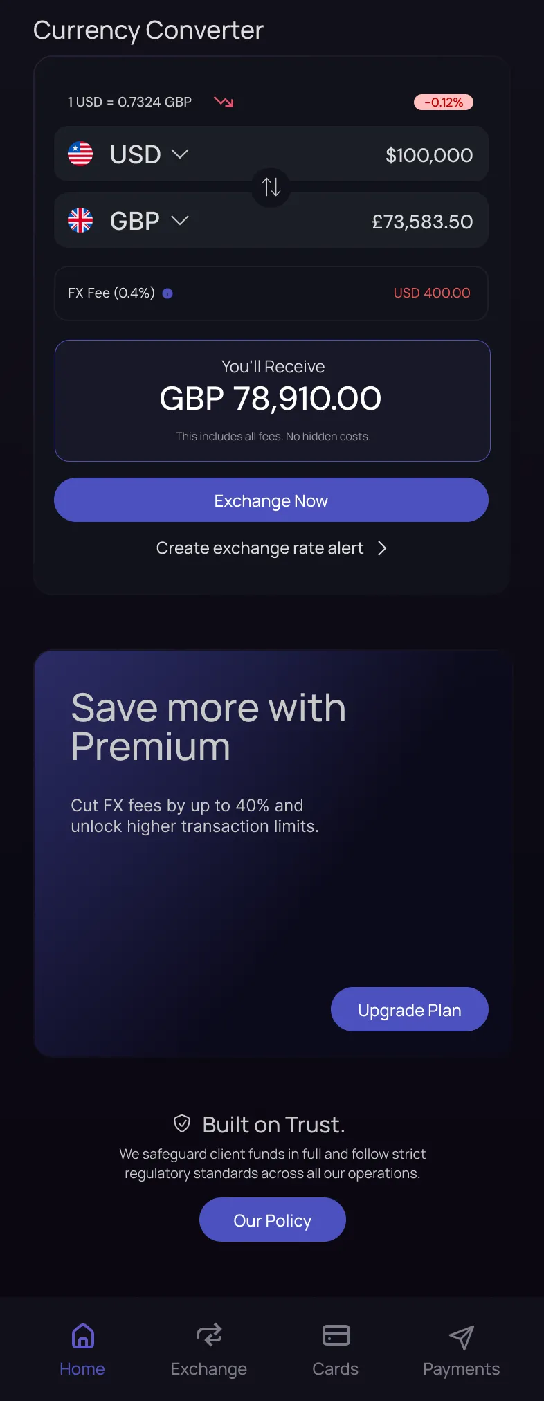 Mobile payments dashboard, lower half: currency converter showing the rate and the fee, a plan panel, and safeguarding messaging above the tab bar
