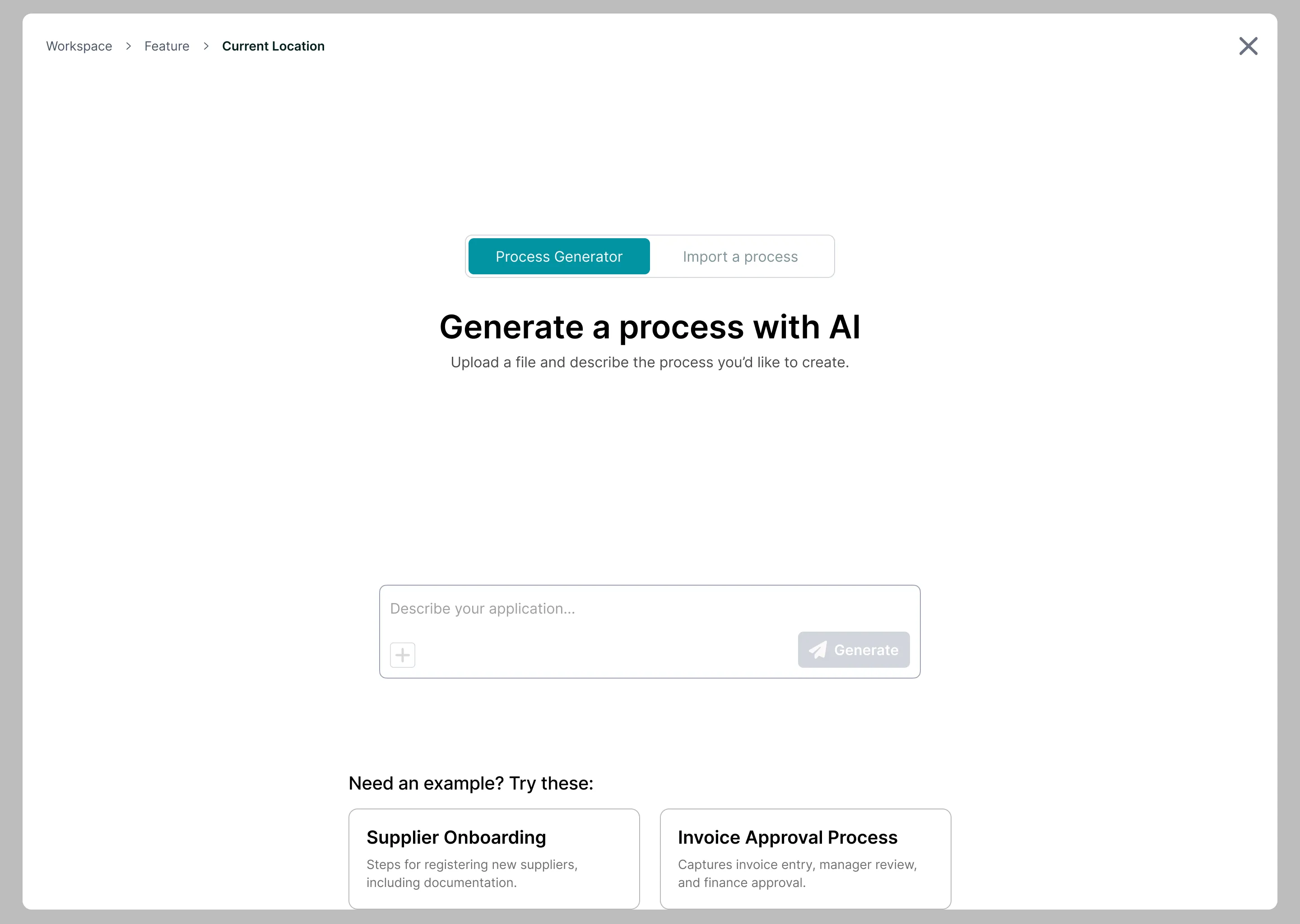The AI Builder opening screen: a Process Generator / Import a process toggle, the heading Generate a process with AI, a describe-your-application box, and two example prompts for supplier onboarding and invoice approval